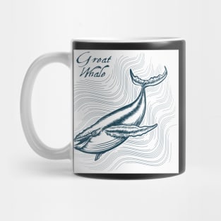 Great Whale in deep water. Engraving style. Only free font used. Mug